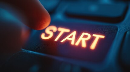 Close-up View of a Finger Pressing the Start Button on a Keyboard, Symbolizing Beginning, Motivation, and User Interaction in a Digital World