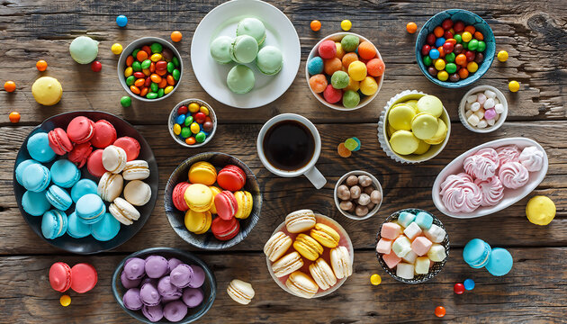 Colorful assortment of sweet candies and desserts on wooden table - Powered by Adobe