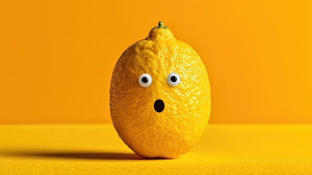 Surprised Lemon With Googly Eyes On Vibrant Orange Background. Funny Citrus Character For Concepts Of Shock, Humor, Creativity, Advertising Templates