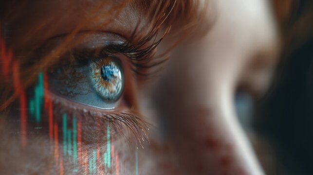 Close-Up of Human Eye with Stock Market Graph Overlays Illustrating Investment and Financial Trends in a Creative and Artistic Concept