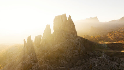 Illuminated by sunlight. Five towers Cinque Torri mountains majestic landscape of nature in Italy