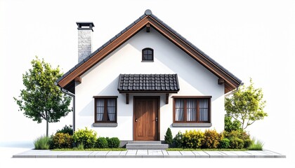 Modern house with pitched roof, white facade, wooden accents, and symmetrical landscaping for editorial architecture photography residential design decor and poetic structure-themed visuals