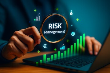 Risk management analysis with magnifying glass and financial growth chart