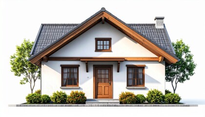 Modern house with pitched roof, white facade, wooden accents, and symmetrical landscaping for editorial architecture photography residential design decor and poetic structure-themed visuals