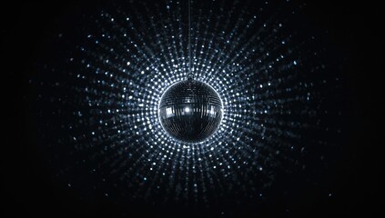 A single disco ball suspended in the air, casting a dazzling array of reflections, ideal for a vibrant party atmosphere