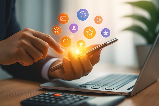 Person Using Smartphone with Floating Digital Media Icons — Social Media Marketing and Mobile Technology Concept