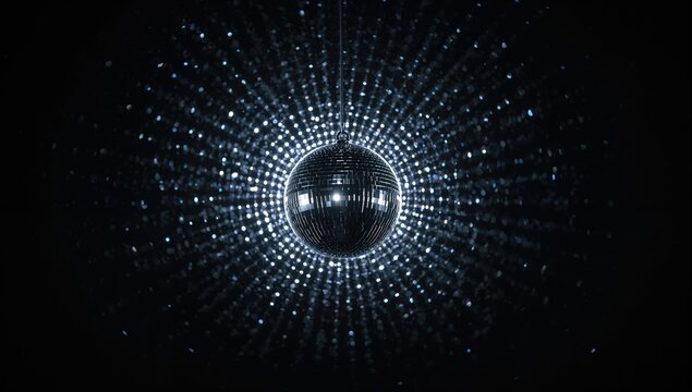 A single disco ball suspended in the air, casting a dazzling array of reflections, ideal for a vibrant party atmosphere