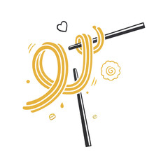 Stylized vector illustration of noodles on chopsticks.