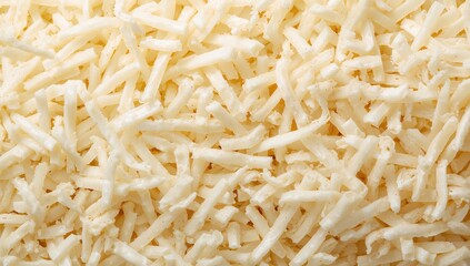 Close-up texture of grated mozzarella cheese, fiber-dense choice