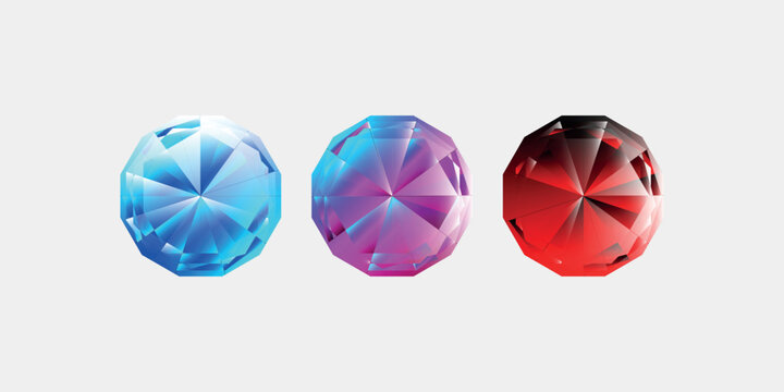 round cut jewel views isolated on white background - top view, realistic ruby, realistic diamond and badge. Can be used as part of logo, icon, web decor or other design.