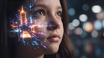 A young person's face blends with a futuristic cityscape and digital circuits - Powered by Adobe