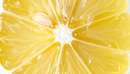 Close Up Slice of Yellow Lemon with Seeds and Juicy Texture Radiating from Center on White Background Showing Segment Details
