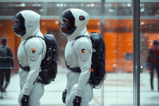 Futuristic evolution of humans from apes to advanced artificial intelligence beings - Powered by Adobe