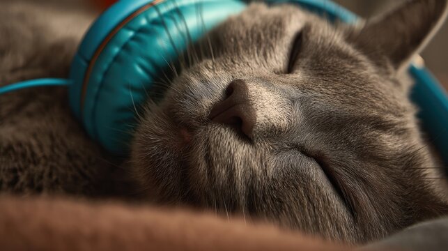 Cute gray cat sleeping peacefully with bright blue headphones on its head, showcasing a cozy and relaxed atmosphere in a home environment