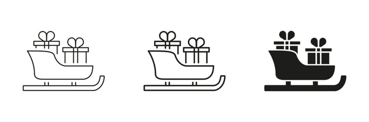 Sleigh With Gifts In Line, Outline, And Glyph Icon Set. Holiday Celebration And Christmas Gift Delivery Symbol Collection. Festive And Seasonal Design Elements. Isolated Vector Illustration