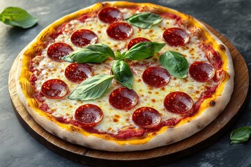 Delicious pepperoni pizza with fresh basil on a wooden board ready for serving