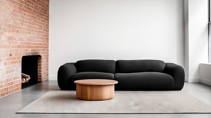 Naklejka premium Inviting living room with industrial charm featuring a black sofa and cozy fireplace perfect for relaxation