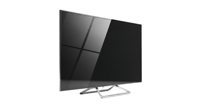 A sleek television with a modern stand displayed against a black background in a studio setting