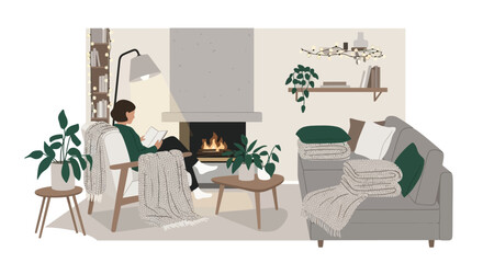 Fototapeta premium Hygge Scandinavian Living Room Interior Minimalist Vector Illustration