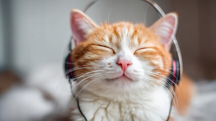 Adorable orange tabby cat with closed eyes enjoying music while wearing headphones, conveying joy and relaxation in a cozy indoor setting