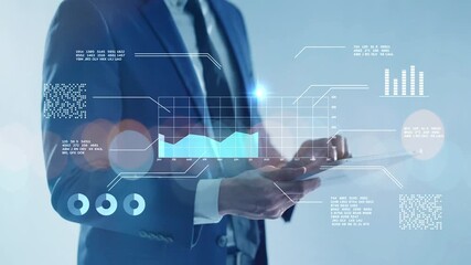 Businessman analyzing virtual data futuristic holographic dashboard business intelligence BI financial analysis big data visualization. stock market investment trends financial performance statistics - Powered by Adobe