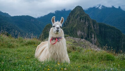Obraz premium Llama grazing in a mountainous meadow, fiber-rich choice