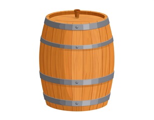 Fototapeta premium Brown wooden barrel with metal bands, isolated on white, casting soft shadows