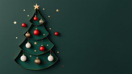 Obraz na płótnie Canvas A beautifully decorated Christmas tree on a rich green background, adorned with red and white balls, sparkling golden stars, and complemented by a deep emerald color palette.