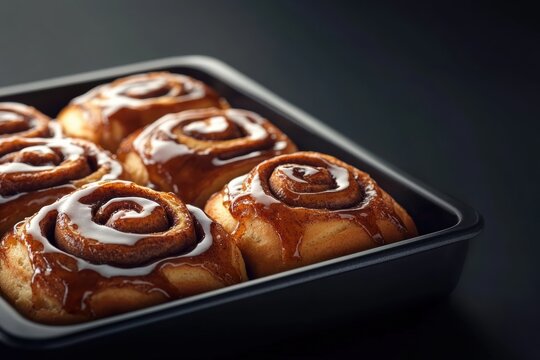 Cinnamon rolls in a baking pan topped with icing ready for a delicious treat
