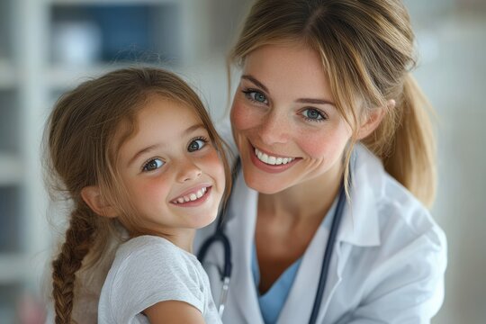 Smiling female doctor with a stethoscope hugging a happy young girl with braided hair in a bright indoor setting - Powered by Adobe
