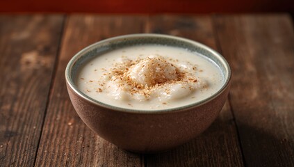 Contemporary vibrant bowl of homemade rice milk