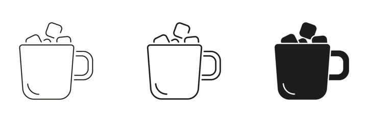 Hot Cocoa With Marshmallows In Line, Outline, And Glyph Icon Set. Warm Mug With Sweet Cubes Symbol Collection. Perfect For Cafes, Restaurants, And Winter Themes. Isolated Vector Illustration