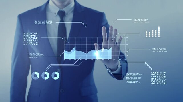 Businessman analyzing virtual data futuristic holographic dashboard business intelligence BI financial analysis big data visualization. stock market investment trends financial performance statistics - Powered by Adobe