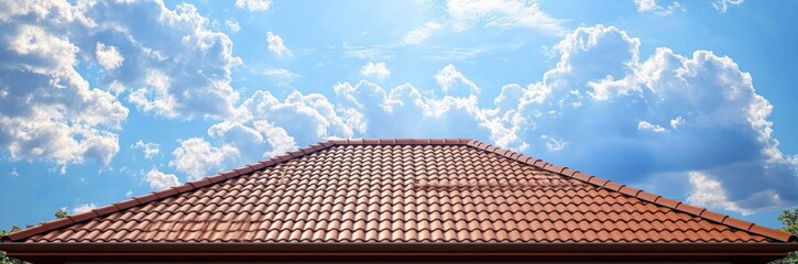 Red clay tiled roof against a bright blue sky with fluffy white clouds evoking a serene and calm atmosphere