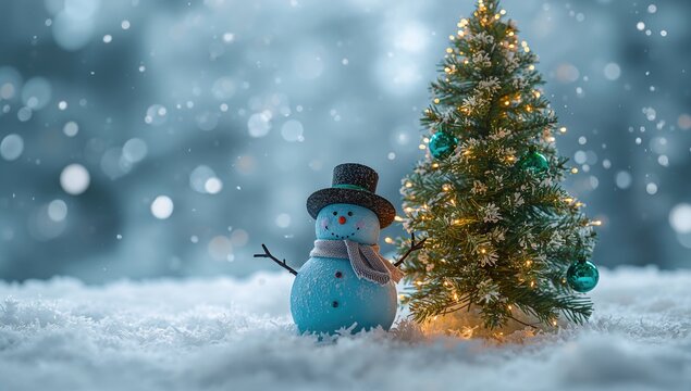 Christmas backdrop featuring a blue snowman alongside a furry tree, festive decor - Powered by Adobe