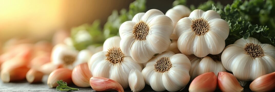 Fresh garlic bulbs and cloves arranged elegantly for advertising layouts