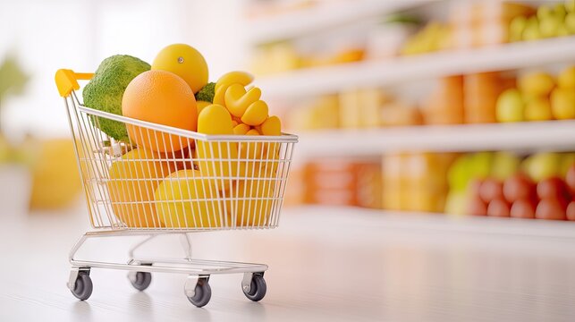 Grocery shopping cart brimming with fresh produce in a well-stocked supermarket aisle, inviting healthy choices and vibrant colors