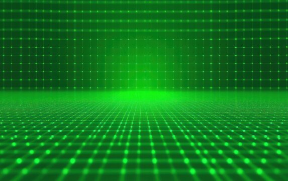 glowing green digital grid extending on floor and wall creating a futuristic technological space