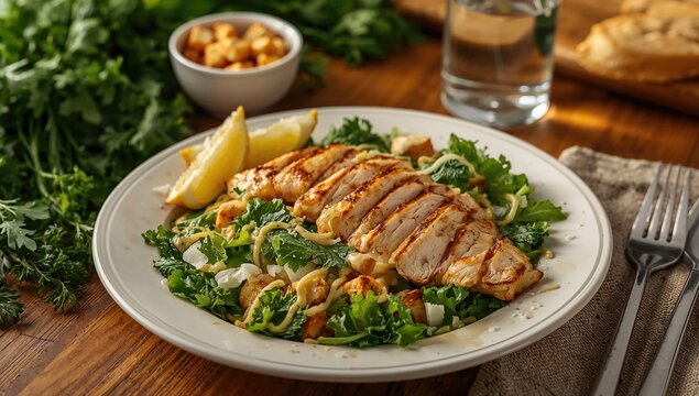 Grilled Chicken Caesar Salad with Fresh Greens and Croutons