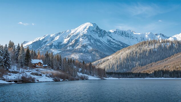 Serene daytime view of a house by a lake with snow-capped gray mountains, highlighting seasonal change - Powered by Adobe