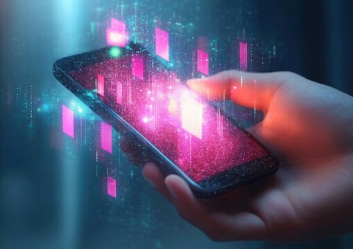 Hand holding smartphone with glowing pink digital holograms and floating data squares representing futuristic technology and digital interaction