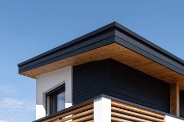 Fototapeta premium Modern architectural design featuring a sleek rooftop and wooden accents in a residential building under a clear blue sky