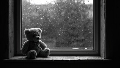 A vintage bear doll seated by a window on a rainy day, evoking feelings of solitude