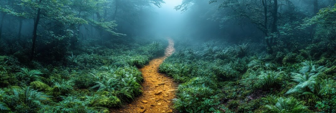Explore the serene misty forest path with lush greenery and soft lighting