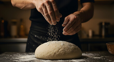 Artisan Baker Skillfully Sprinkling Flour Over Fresh Dough, Preparing for Bread Making in a Cozy Kitchen Setting, Captivating Culinary Scenes