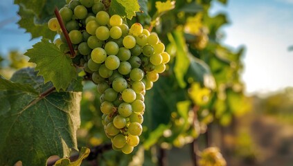 Fototapeta premium Green grapes hanging from a vine under bright sunlight, fiber-dense choice