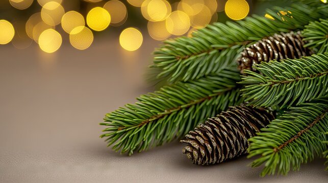 Elegant Christmas tree branches adorned with glowing lights create a joyful festive atmosphere