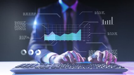 Businessman analyzing virtual data futuristic holographic dashboard business intelligence BI financial analysis big data visualization. stock market investment trends financial performance statistics - Powered by Adobe