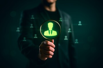 Businessman holding magnifying glass over digital profile icons – recruitment, HR analytics, and leadership concept
