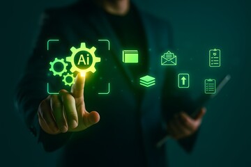 Businessman interacting with AI technology gears – automation, innovation, and digital transformation concept